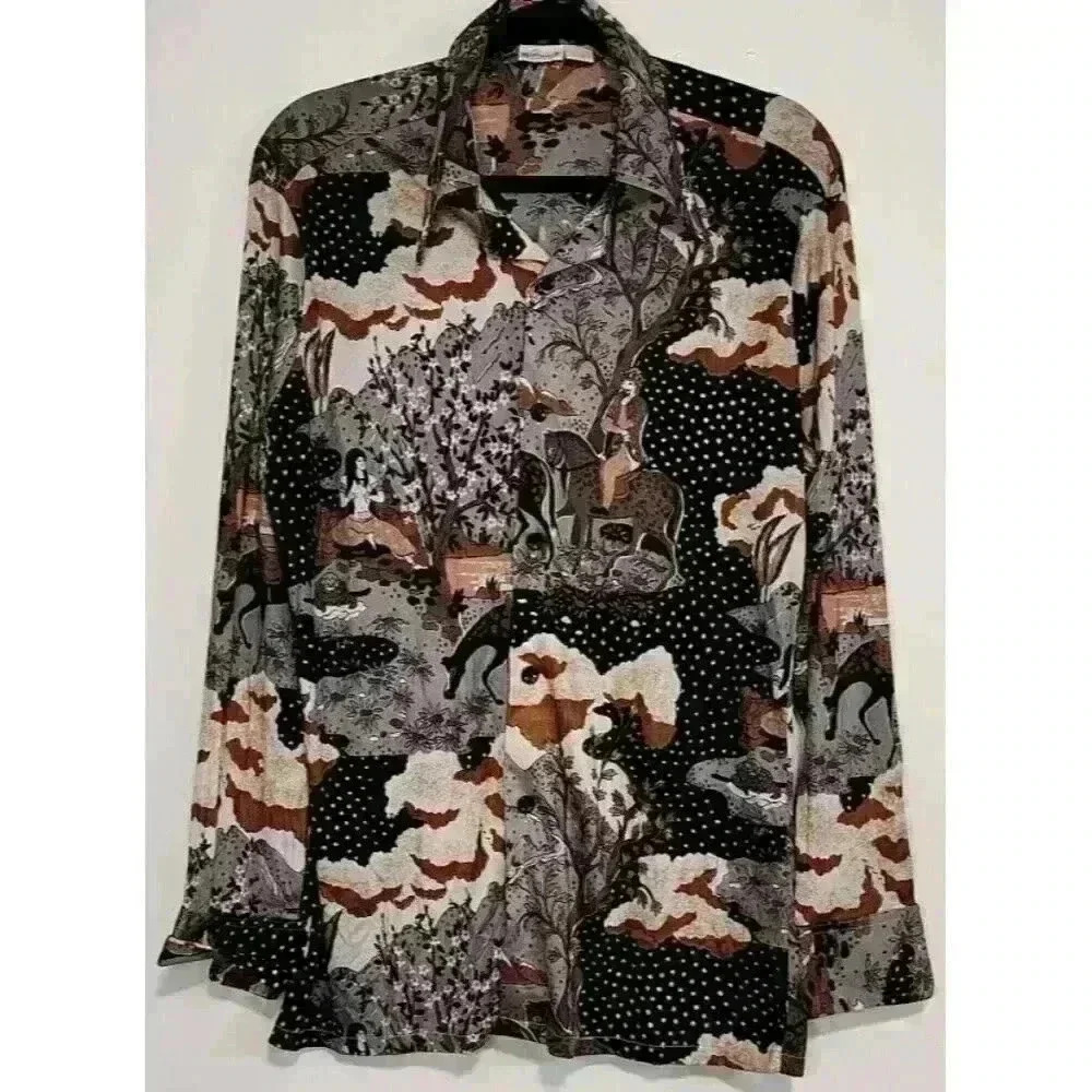 Vintage 1970's Wrangler Single Stitch‎ Tapestry Pattern Button Up Shirt, S/M